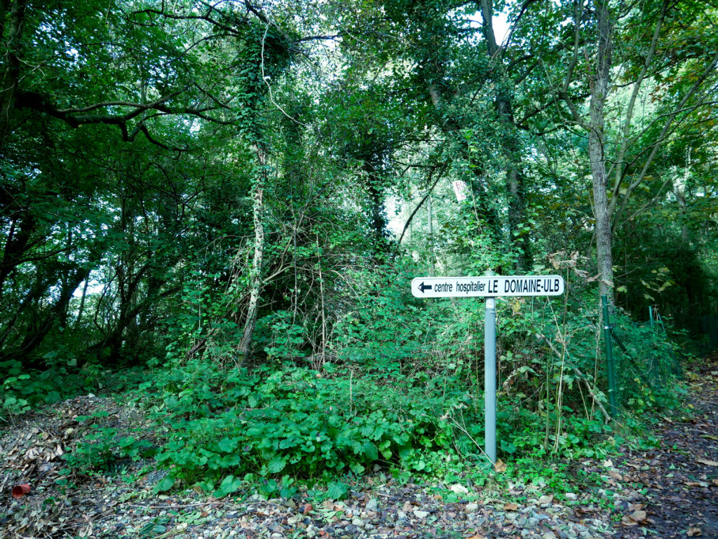 Panneau "centre hospitalier Le Domaine-ULB" au milieu de la forêt.