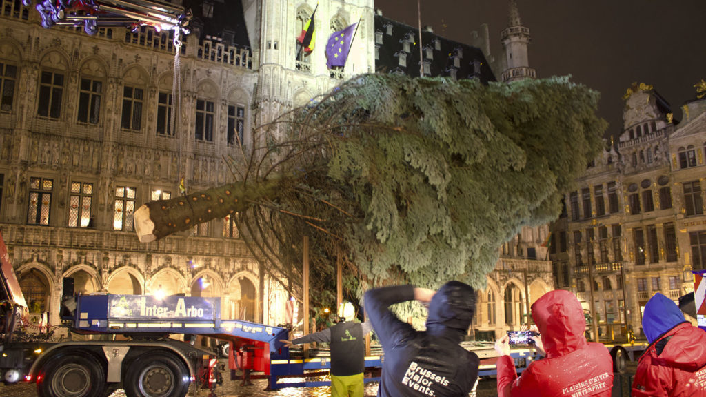 Le sapin est soulevé du camion sous le regard attentif de l'équipe des Plaisirs d'Hiver